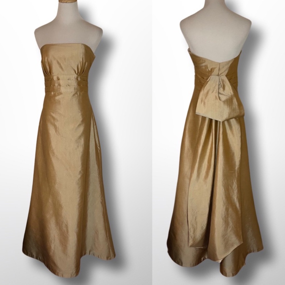 Jenny Yoo Silk Strapless Gold Gown with Back Bustle